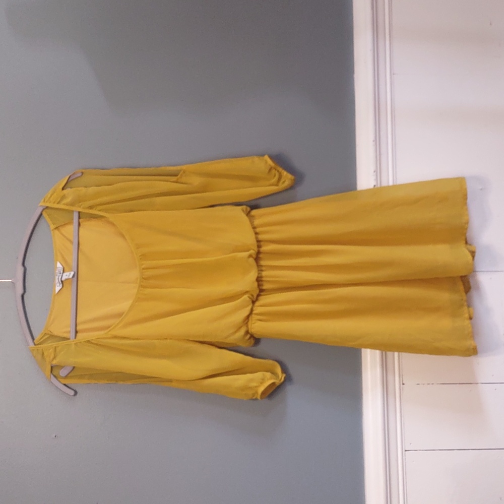 Speechless Women's Dress Sz S Fall Autumn Mustard Yellow sheer sleeves Fit Waist - Picture 2 of 9